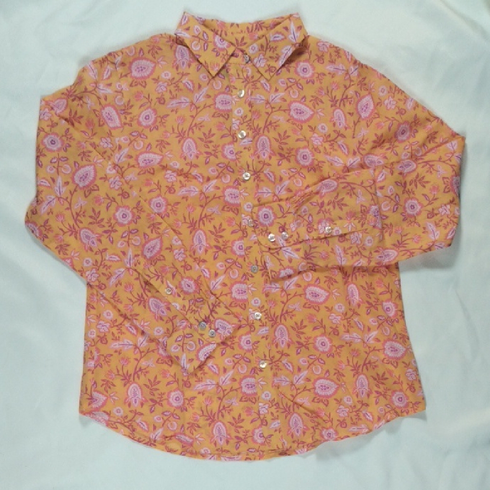 Talbots Orange Button-Down Shirt with Pink Floral Print Size Petite